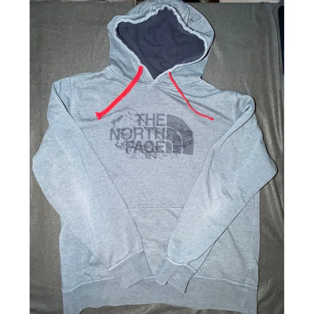 The North Face Mens XL Heather Grey Distressed Logo Fleece Pullover Hoodie
